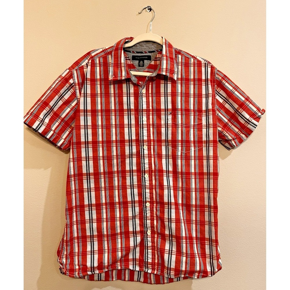 Tommy Hilfiger Shirt Mens XL Red Plaid Short Sleeve Button Up Preppy Classic F32